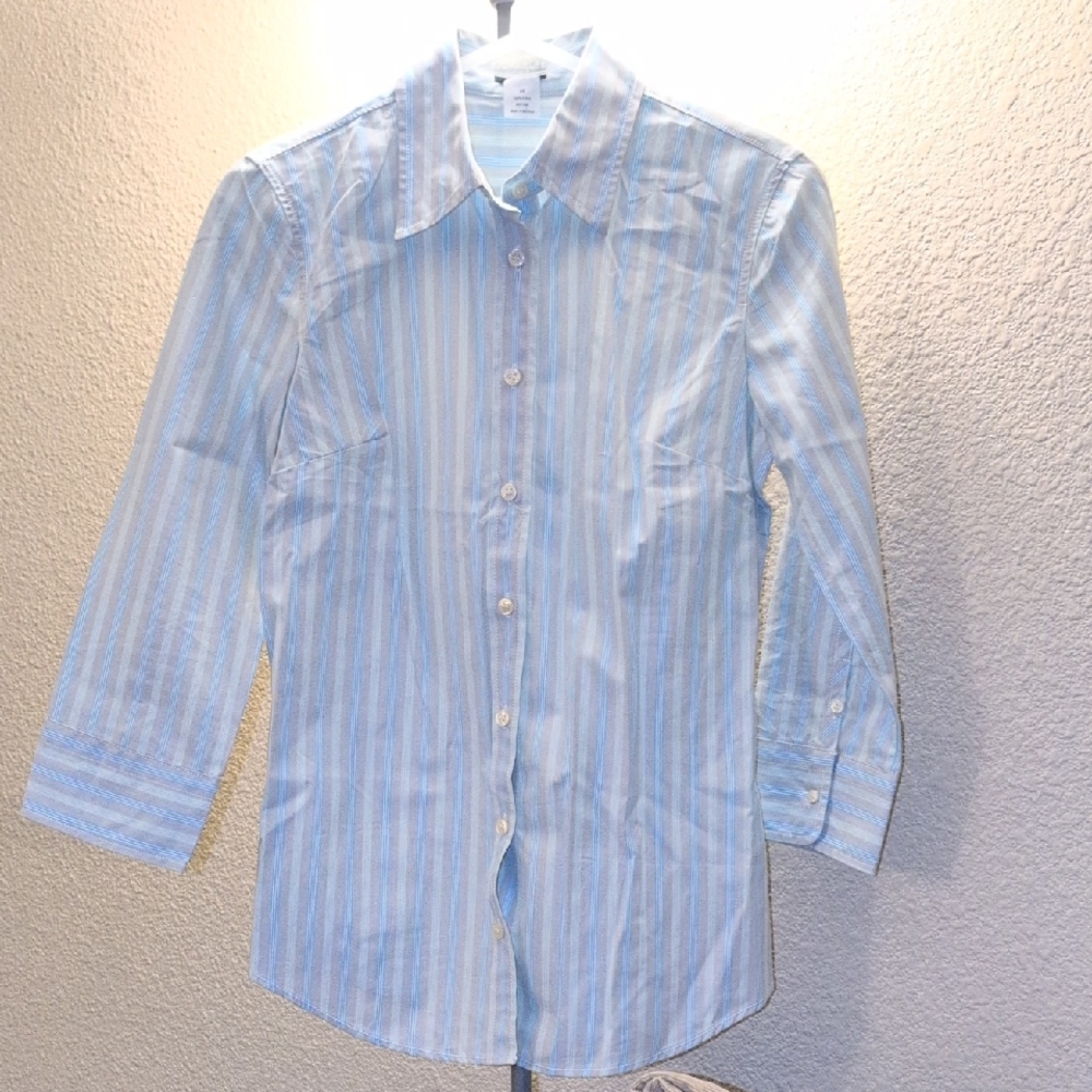 J. Crew Light Blue and White Striped 3/4 Sleeve Button Down Shirt